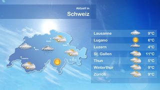 Dazu passender Content Kanal Schweizwetter mit dem Inhalt Das aktuelle Wetter über der Schweiz. Die größten Städte werden mit ihren aktuellen Wetterdaten als Liste angezeigt, daneben die aktuelle Wetterkarte von der Schweiz. 15 minütige Aktualisierung.