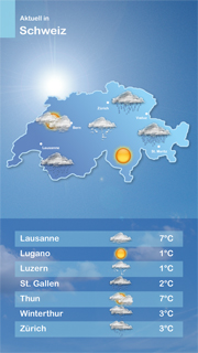 Dazu passender Content Kanal Schweizwetter Hochformat mit dem Inhalt Das aktuelle Wetter über der Schweiz. Die größten Städte werden mit ihren aktuellen Wetterdaten als Liste angezeigt, daneben die aktuelle Wetterkarte von der Schweiz. 15 minütige Aktualisierung.