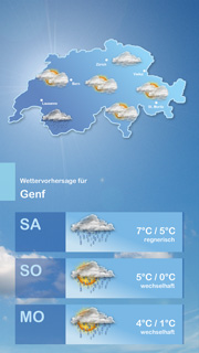 Dazu passender Content Kanal Lokalwetter Schweiz mit dem Inhalt Hier erhalten Sie die aktuellsten Lokalwetter-Meldungen für Ihre Wunschstadt in der Schweiz!
Aktualisiert werden die Wetterdaten alle 15 Minuten.