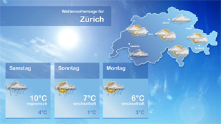 Dazu passender Content Kanal Lokalwetter Schweiz mit dem Inhalt Hier erhalten Sie die aktuellsten Lokalwetter-Meldungen für Ihre Wunschstadt in der Schweiz!
Aktualisiert werden die Wetterdaten alle 15 Minuten.