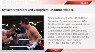 Dazu passender Content Kanal SportsLine - Boxen mit dem Inhalt Diese SportsLine von der dpa informiert Sie speziell über den Boxsport. Verpassen Sie keine Berichterstattungen von Kämpfen und Ergebnissen mehr. Ca. 30 Artikel monatlich.