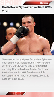 Dazu passender Content Kanal SportsLine - Boxen mit dem Inhalt Diese SportsLine von der dpa informiert Sie speziell über den Boxsport. Verpassen Sie keine Berichterstattungen von Kämpfen und Ergebnissen mehr. Ca. 30 Artikel monatlich.