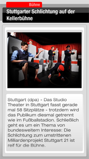 Dazu passender Content Kanal StarLine - Bühne mit dem Inhalt Dieser Kanal aus der StarLine-Serie von der dpa informiert Sie täglich über Theatervorstellungen, Premieren, Darsteller und Regisseure. Von der kleinen Theaterbühne bis hin zum Mega-Event. Ca. 100 Artikel monatlich.